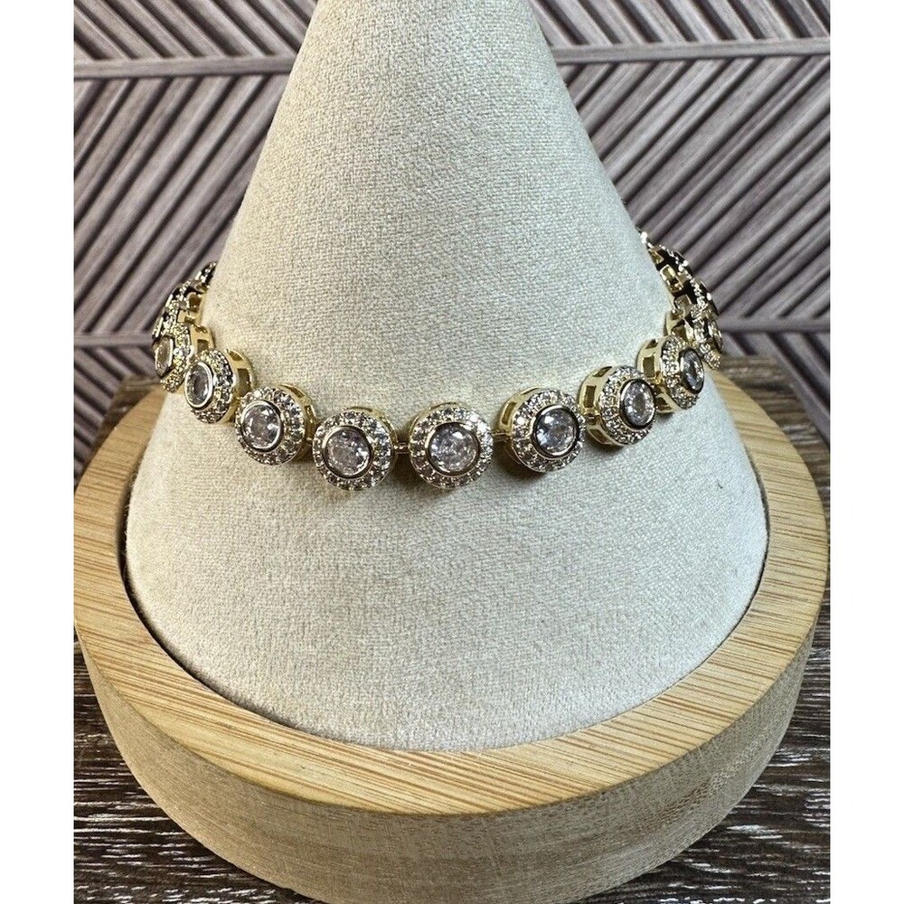 Handmade 18K Gold Over Brass Zirconia Round Halo Link 4.5MM Tennis Bracelet 7”